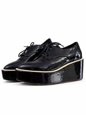Design Lab Lord & Taylor Glossy Black Patton Platform Oxford Shoes - Size 8 GUC